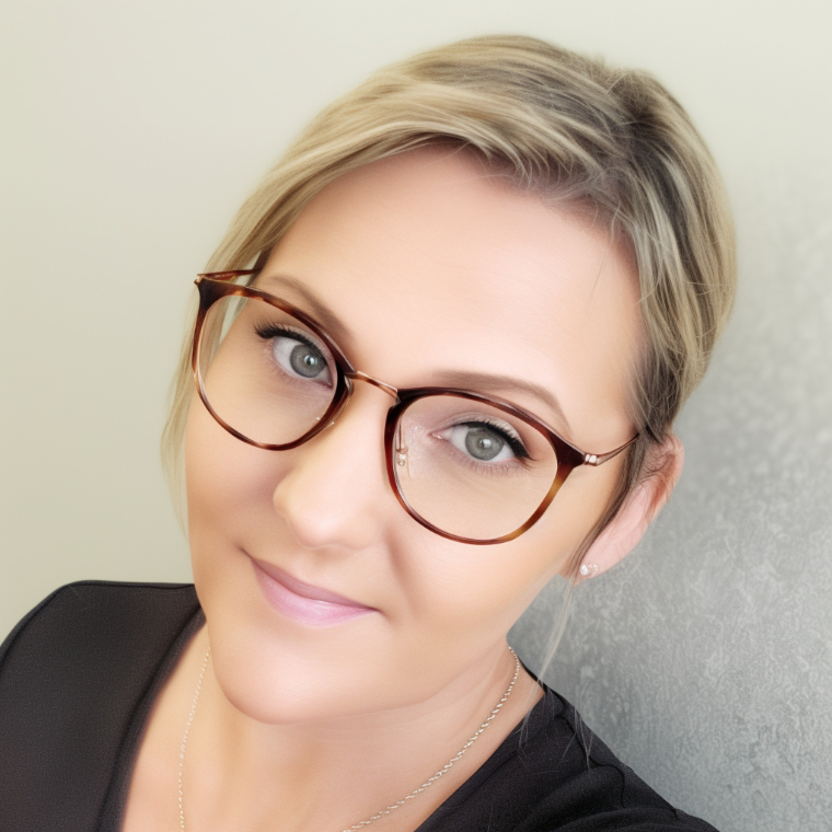 A close up of a woman wearing glasses and a black shirt