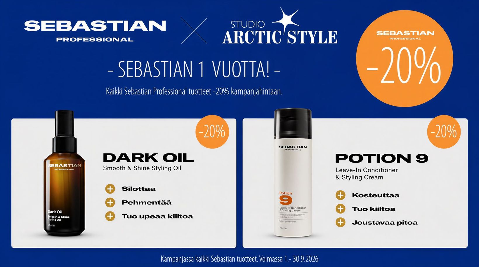 Sebastian Professional Arctic Style promo with Dark Oil and Potion bottles, 20% discount on blue background