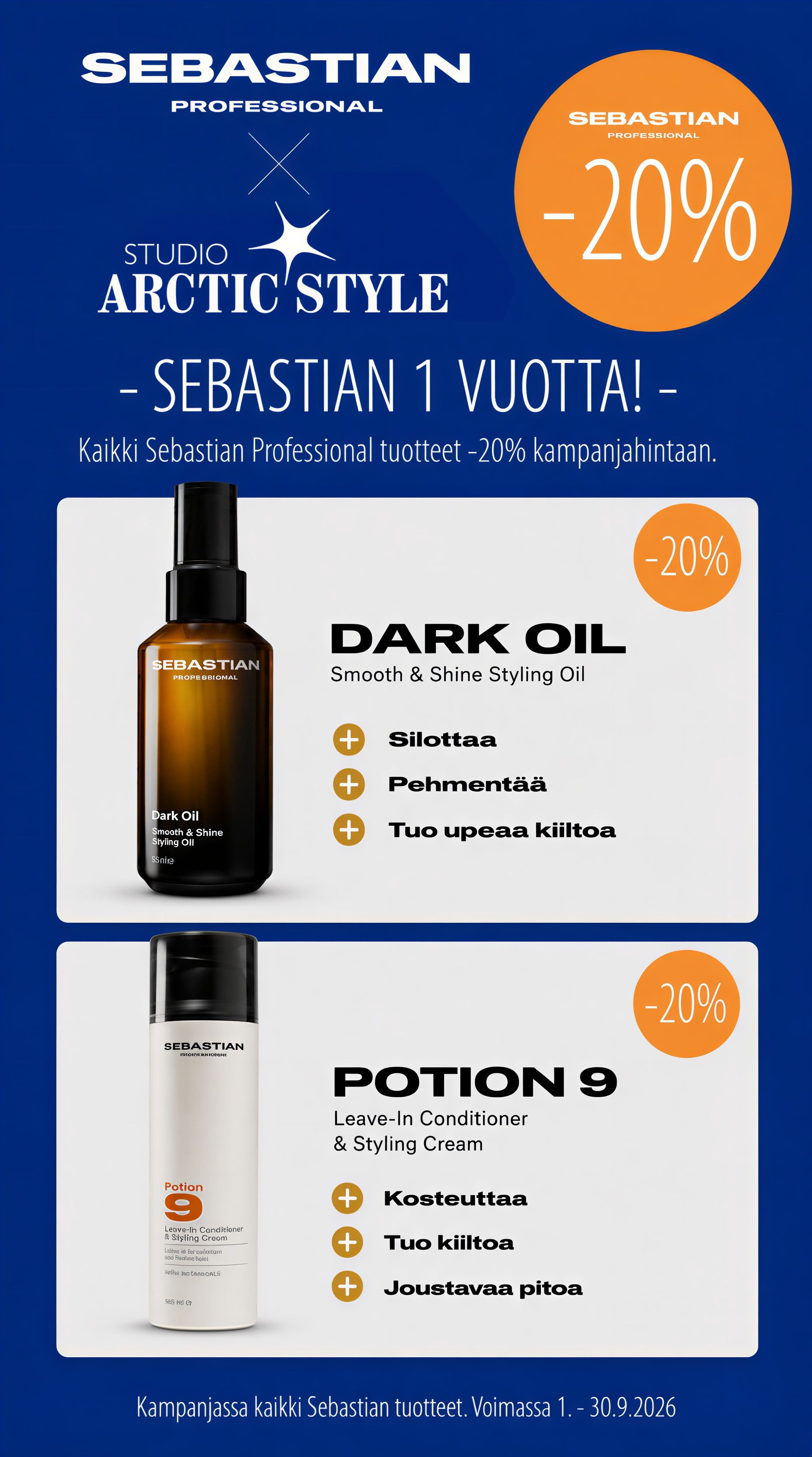 Sebastian Professional Arctic Style promo with Dark Oil and Potion bottles, 20% discount on blue background