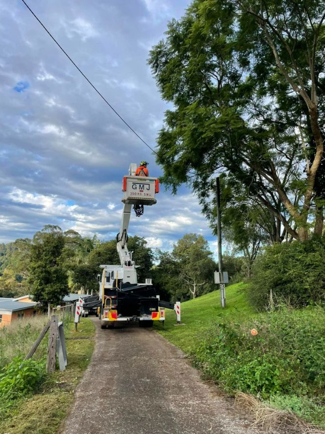 A Man in a Bucket is Working on a Power Line — Tallow Tree Services Pty Ltd in Mullumbimby, NSW