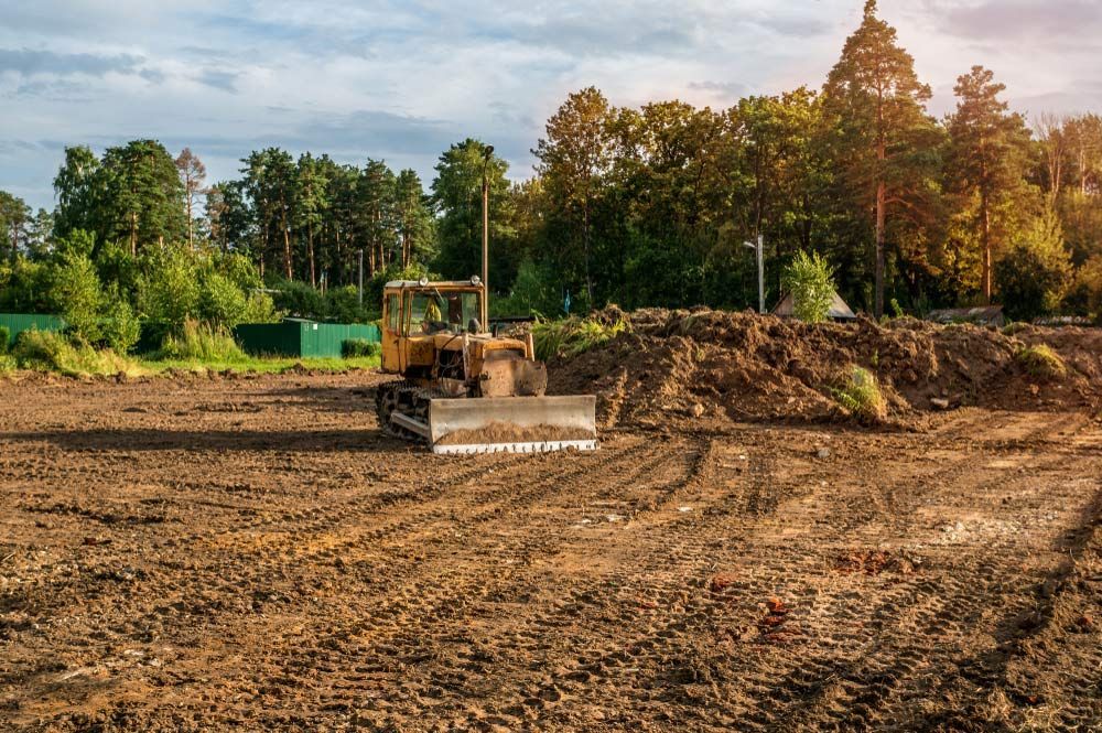 A Bulldozer is Moving Dirt in a Field With Trees in the Background — Tallow Tree Services Pty Ltd in Bangalow, NSW