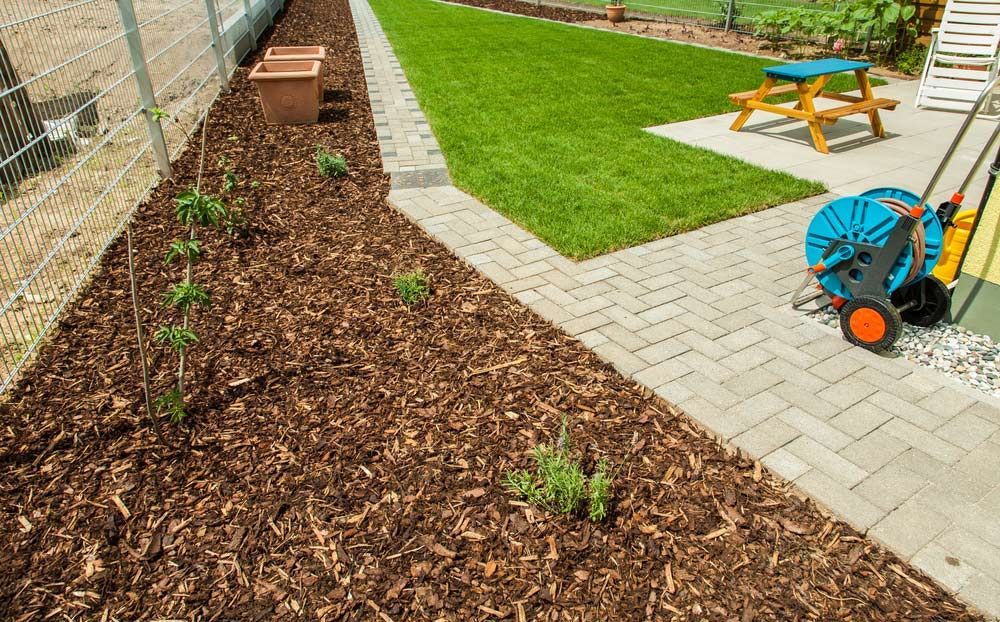 A Hose is Sitting on the Sidewalk Next to a Lawn Mower — Tallow Tree Services Pty Ltd in Bangalow, NSW