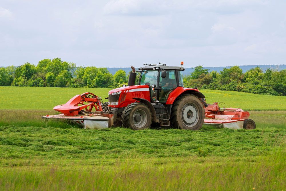 A Red Tractor is Cutting Grass in a Field — Tallow Tree Services Pty Ltd in Bangalow, NSW