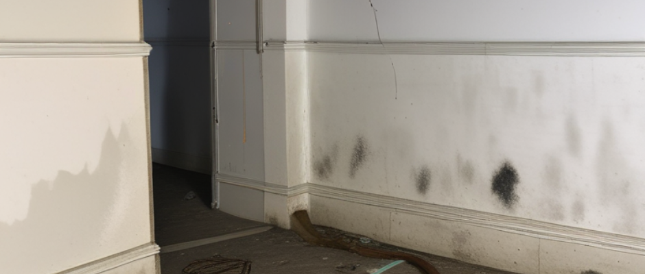 A corner of a room with white walls and black mold spots on them.