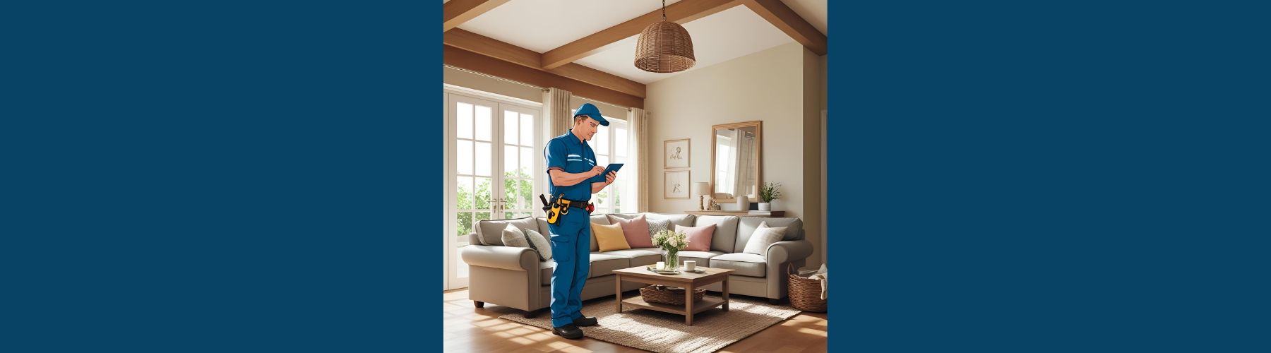 A man in a blue uniform is standing in a living room holding a clipboard.