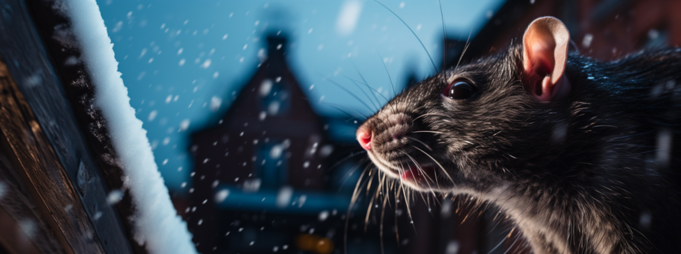 Black rat in profile, looking out at snowy night scene with buildings in the background.