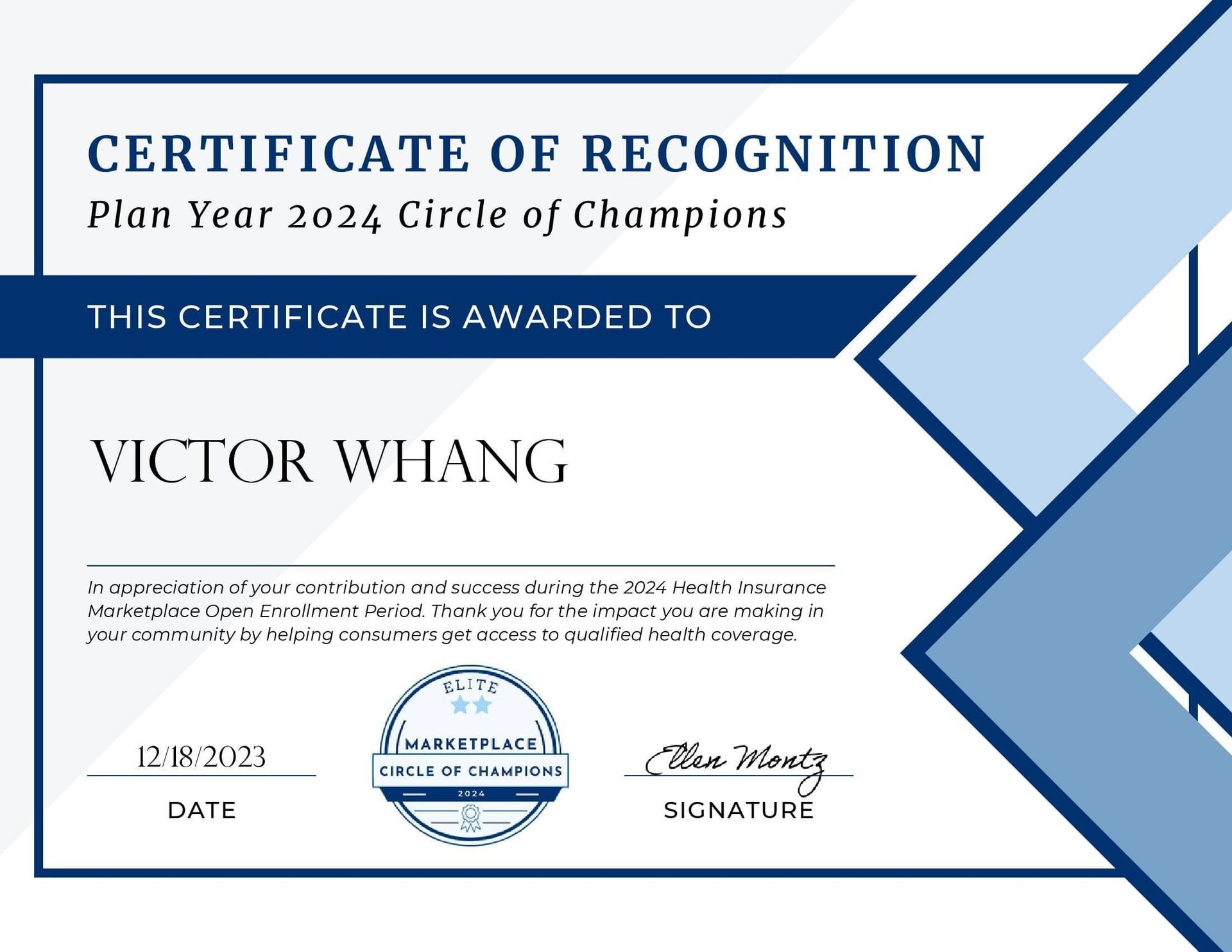 Marketplace Circle of Champions Certificate