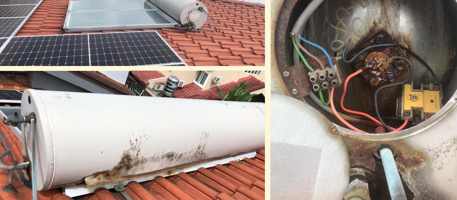 Solar panel and white rooftop tank, with close-up of damaged wiring inside the tank.