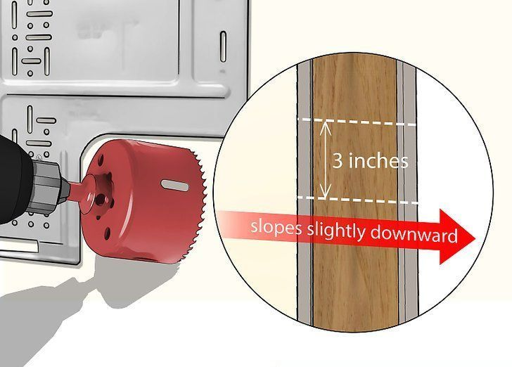 Red tool mounted near wall outlet; inset shows wood trim sloping slightly downward, labeled 3 inches