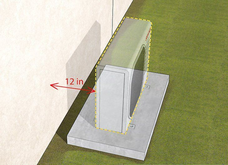 White outdoor vent/box beside wall on a base, with a red 12 in measurement arrow.
