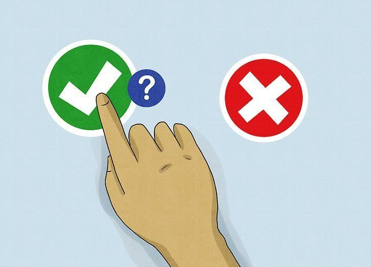 Hand pressing green checkmark button, with blue question mark and red X icons nearby.