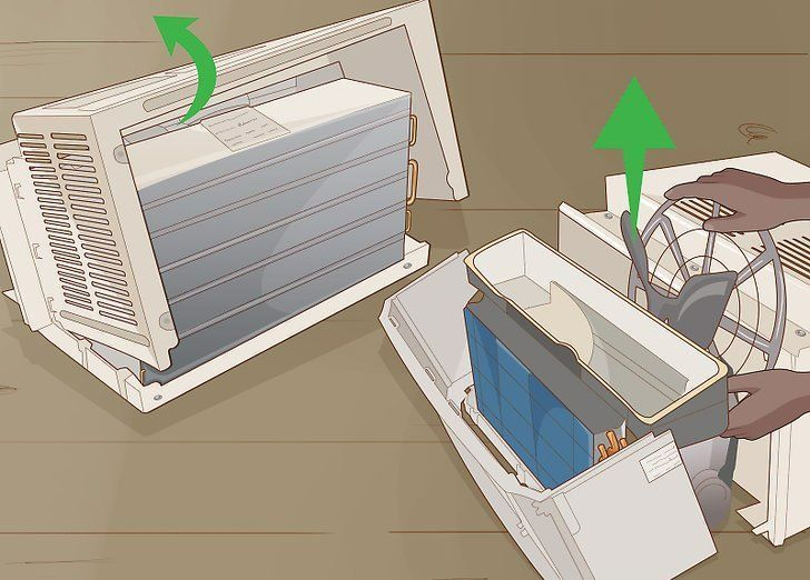Open device with top cover lifted, showing blue filter and internal parts, with green arrows indicating removal direction
