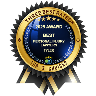 Gold and blue award badge reading “2025 Award Best Personal Injury Lawyers Tyler” with star accents and ribbons