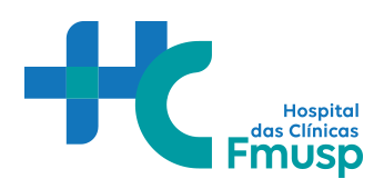 Logo do Hospital das Clínicas da FMUSP em azul e ciano, com cruz médica e letras “HC” e “FMUSP”