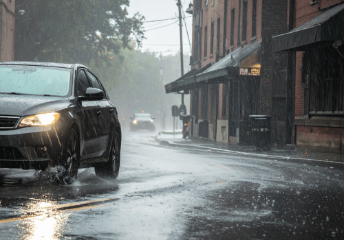 Car driving through heavy rain on a city street with water splashing