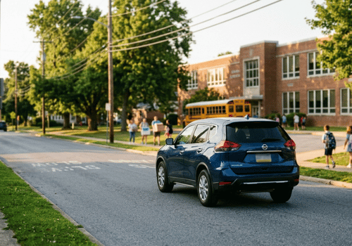 Blue Nissan Rogue driving through a school zone near students and a school bus
