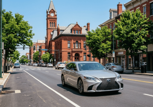 Silver Lexus sedan driving through a historic downtown district with brick buildings. 