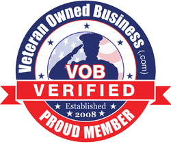 Veteran-owned business verification seal. Blue and red graphic with a saluting silhouette, stars, and text