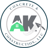 Logo: "AK Concrete & Construction, LLC." Inside a circle, "AK" initials with a house icon and a trowel.