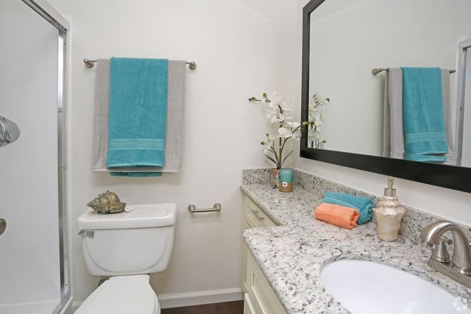 A bathroom with a toilet , sink and mirror