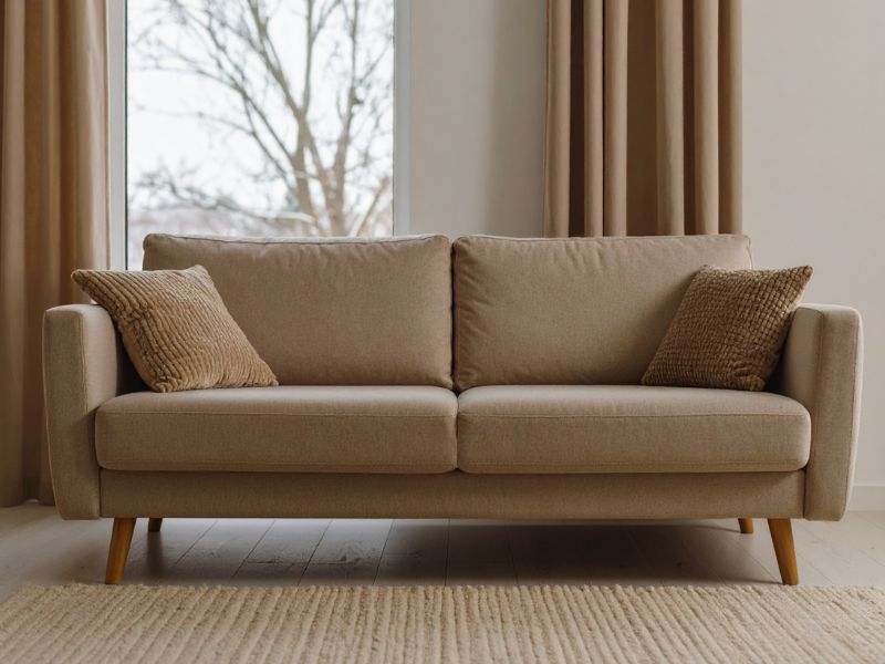 Beige sofa with patterned cushions in a bright living room by a window