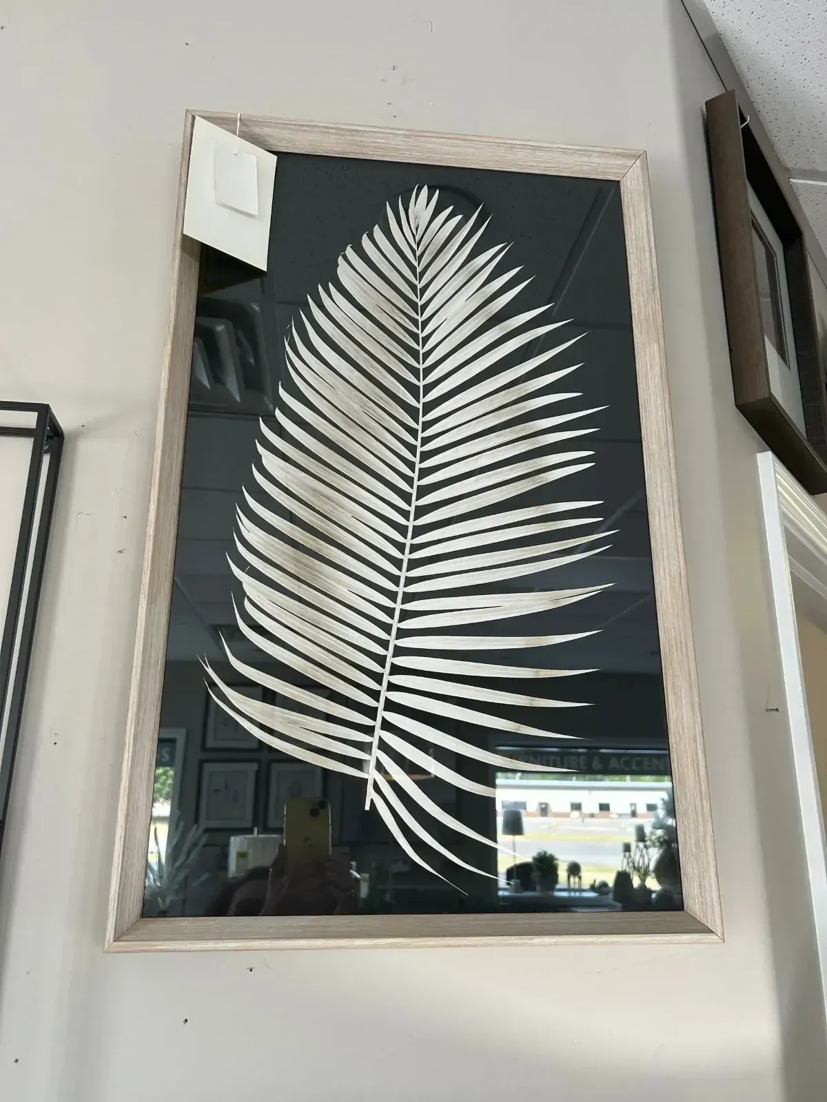 Framed black-and-white fern leaf print on a wall shelf, with a small reflection at the bottom
