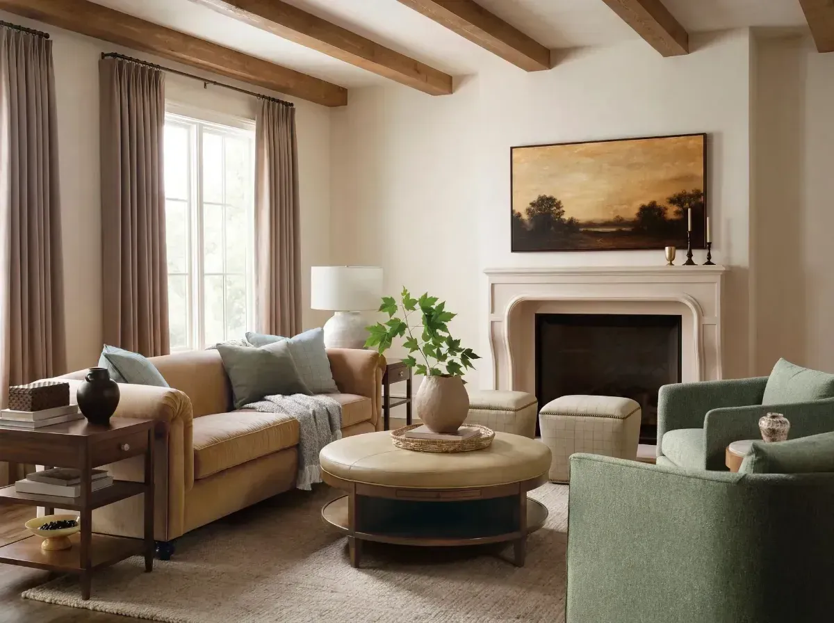 Elegant living room with beige sofa, framed art, lamps, and decorative vases