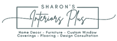 Sharon’s Interiors Plus logo with home decor, furniture, custom window coverings, floor design and consultation text