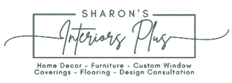 Sharon’s Interiors Plus logo with home decor, furniture, custom window coverings, floor design and consultation text