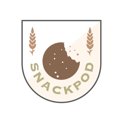 Logo for Snackpod: brown cookie with bite taken out, wheat stalks, beige and brown shield.