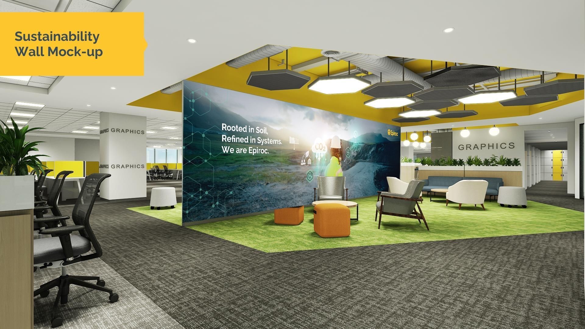 Modern office sustainability wall mock-up with green lounge seating, plants, and large mural of sky and forest