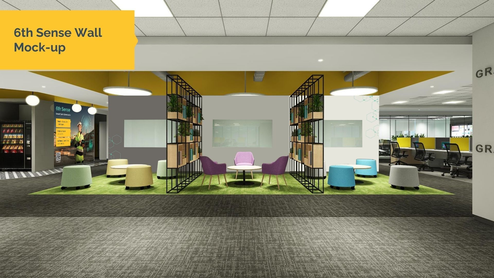 Interior mock-up of a 6th Sense Wall showroom with colorful seating and large display screens