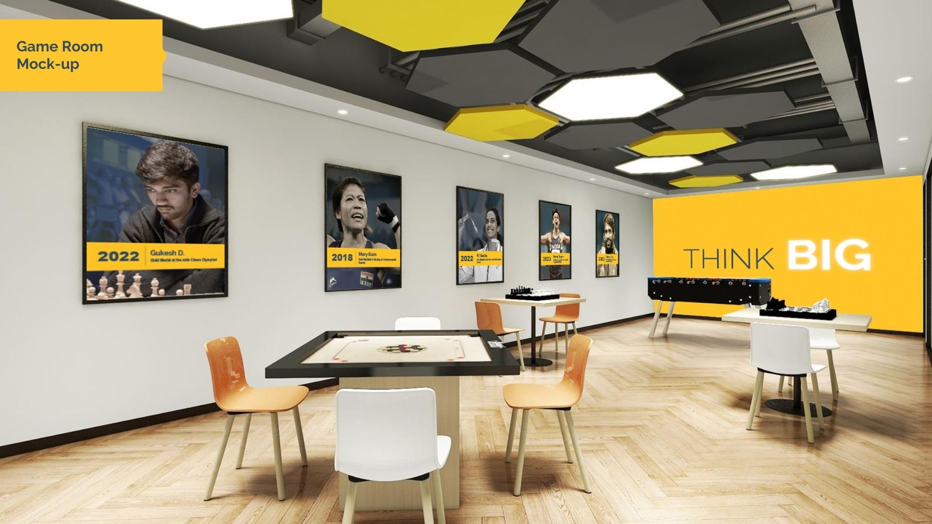 Modern cafe lounge with tables, chairs, posters, and a yellow accent wall reading “THINK BIG”
