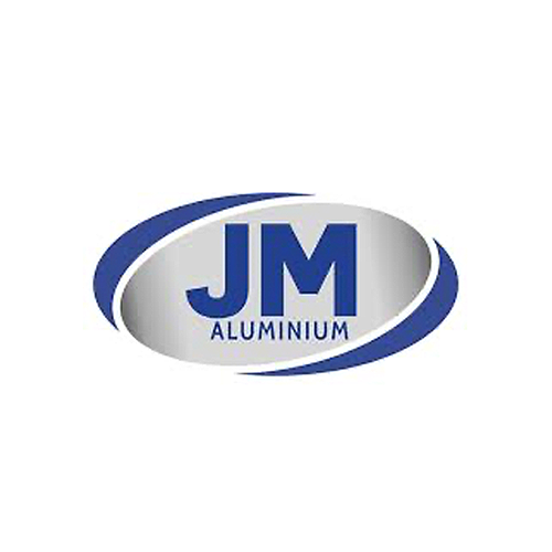 JM Aluminium logo in blue and silver oval design