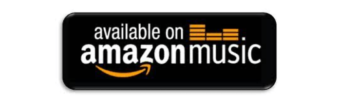 Amazon Music badge with black background and white text, featuring orange logo accents