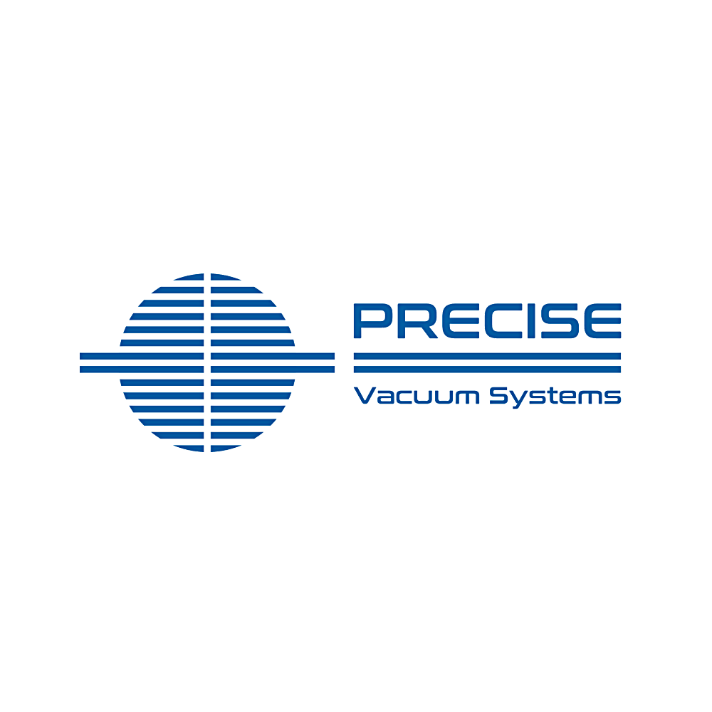 Logo for Precise Vacuum Systems: Blue text and symbol with horizontal lines.