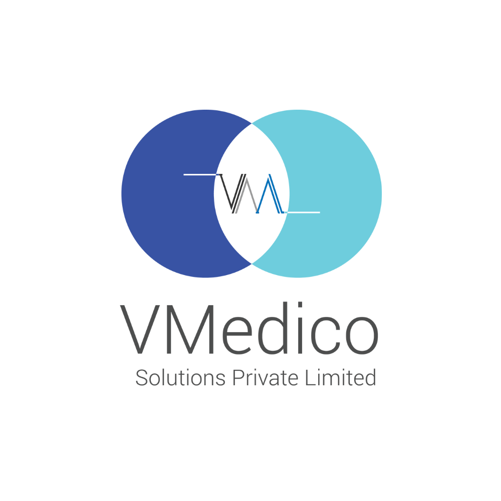 Logo of VMedico, Solutions Private Limited. Features two overlapping circles, blue and cyan, with an electrocardiogram-style graphic in the center.