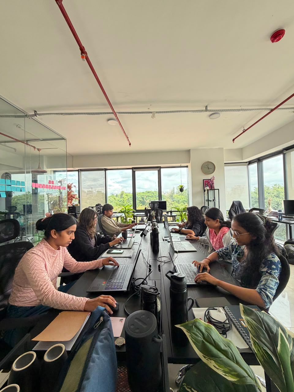 People seated at long tables in a bright office, working on laptops near large windows.