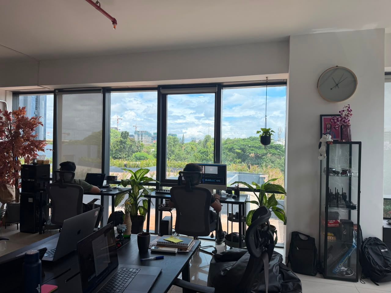Bright office with desks, computers, large windows, potted plants, and wall clock overlooking greenery