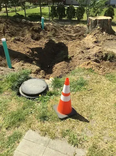 Cone marking a large dug-up hole in a grassy yard near a sidewalk and utility cover.