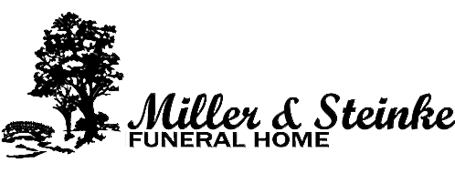 Black and white logo for Miller & Steinke Funeral Home featuring a tree silhouette and text.