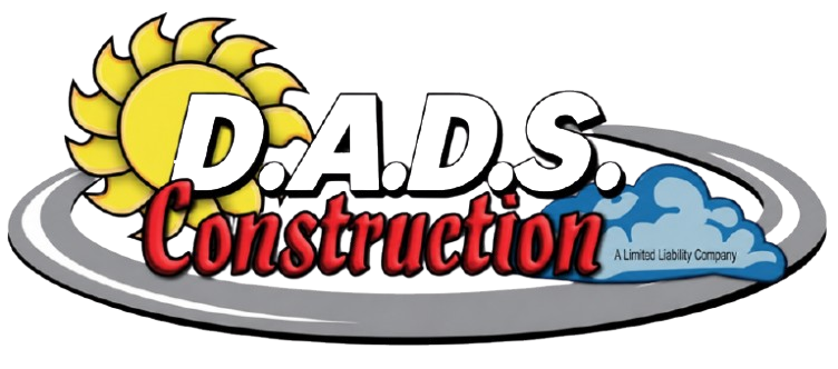 D.A.D.S. Construction logo with yellow sun, red script text, and gray wave design