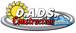 D.A.D.S. Construction logo with yellow sun, red script text, and gray wave design