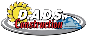 D.A.D.S. Construction logo with yellow sun, red script text, and gray wave design