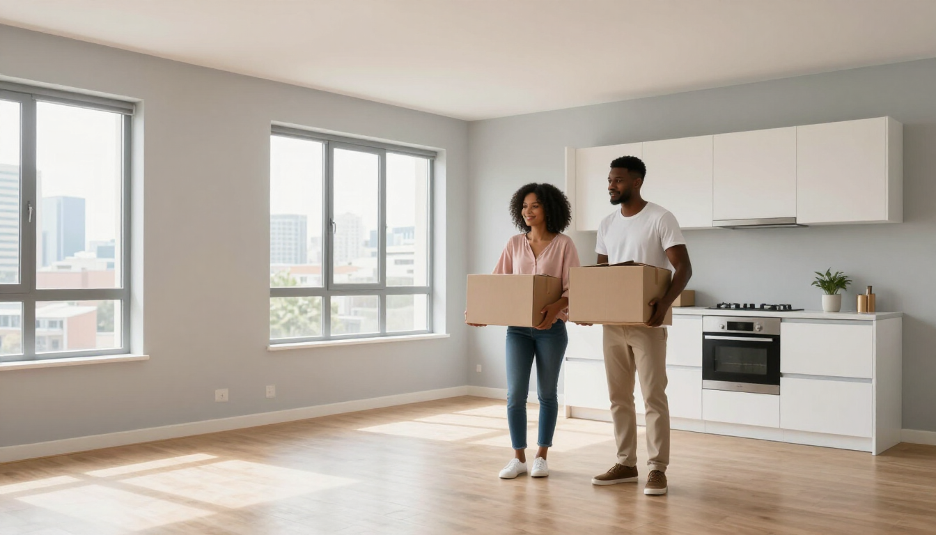 Two people carrying moving boxes in a bright, empty apartment with large windows and a white kitchen