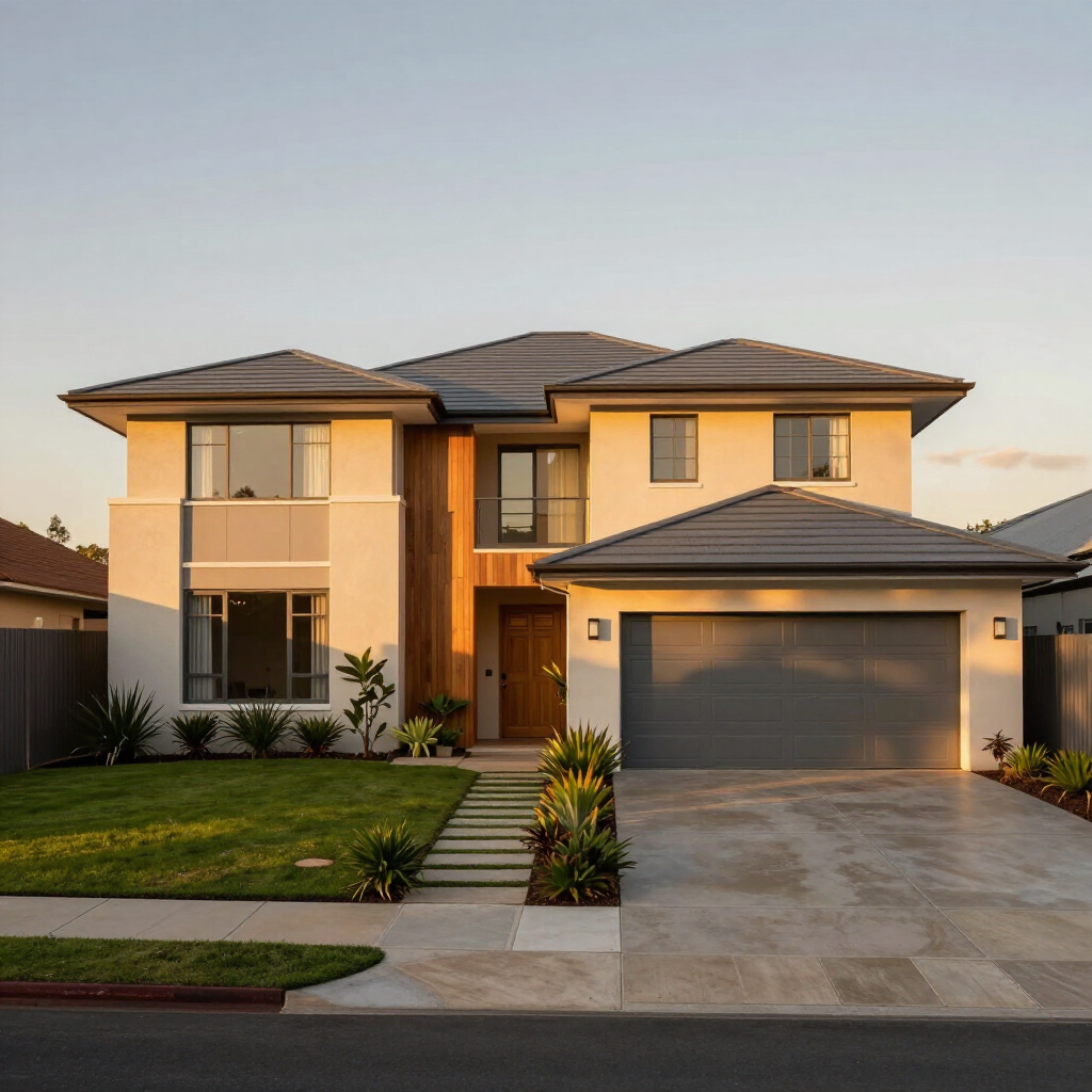 Modern two-story suburban house with a gray garage and landscaped front yard at sunset