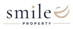 Smile Property logo with navy text and gold smile mark on a white background