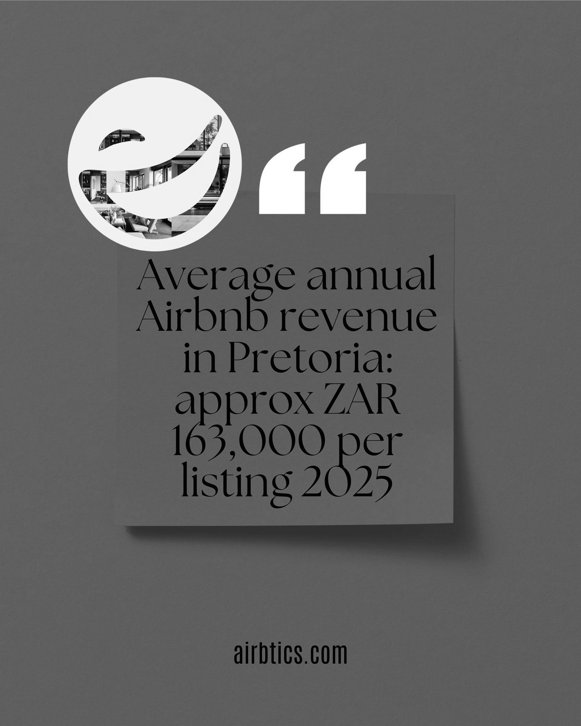 Greyed graphic: Airbnb revenue in Pretoria, approx ZAR 163,000 per listing by 2025. Smiling face logo.