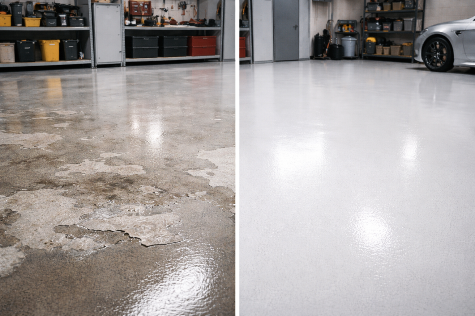 Garage floor transformation: before (damaged) and after (white, glossy).