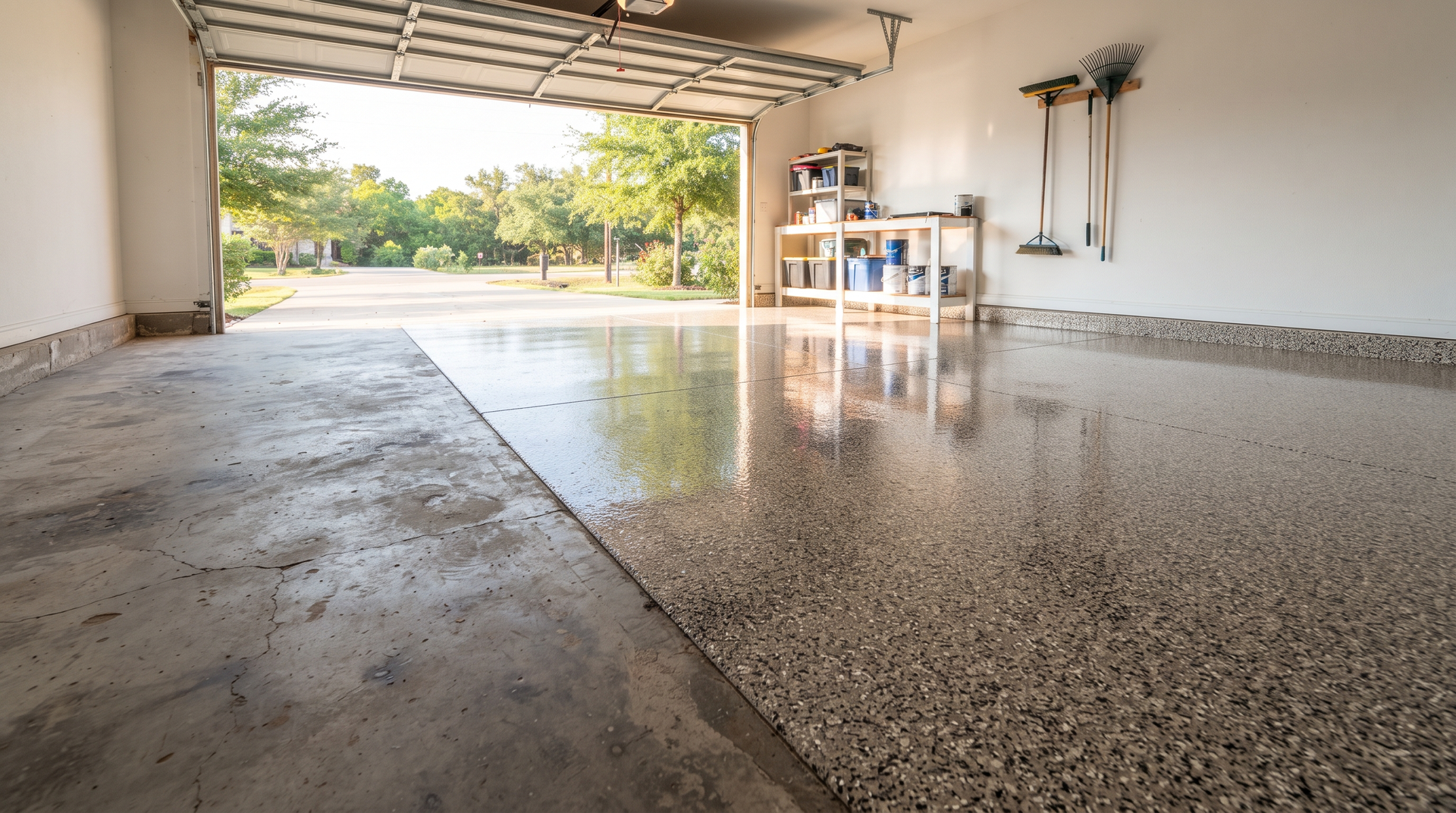 Empty garage with polished concrete floor, open door, and sunlight streaming in from outside.